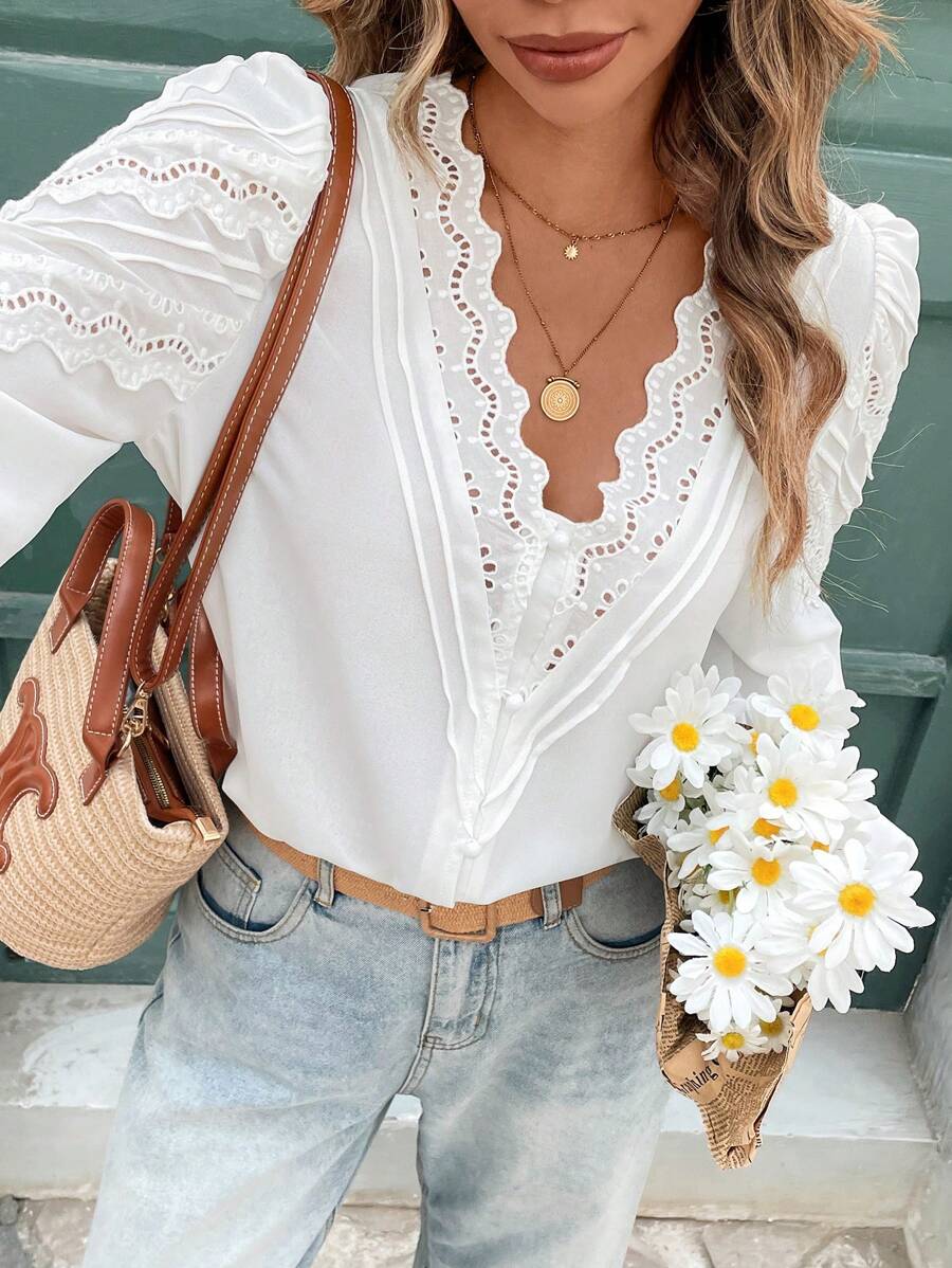 SHEIN Frenchy Vacation Casual Solid Color Hollow Out Embroidered Puff Sleeve Shirt