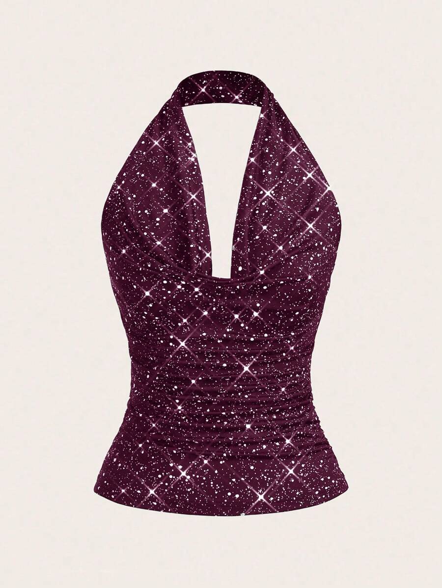 SHEIN Essnce Women's Sexy Top Fashionable Ruched Everyday Glitter Neck Ruched Fitted Camisole Suitable For Going Out And Parties Top Metallic Top Women Clothes