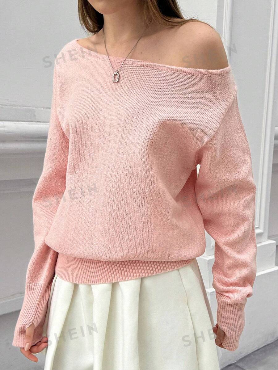 Jouncy Suéter holgado y casual de unicolor con hombro oblicuo y manga larga para mujer, apto para otoño/invierno
