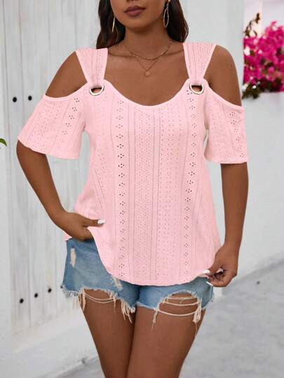 SHEIN LUNE Plus Size Metallic Decor Jacquard Cold Shoulder Top For New Year Clothes