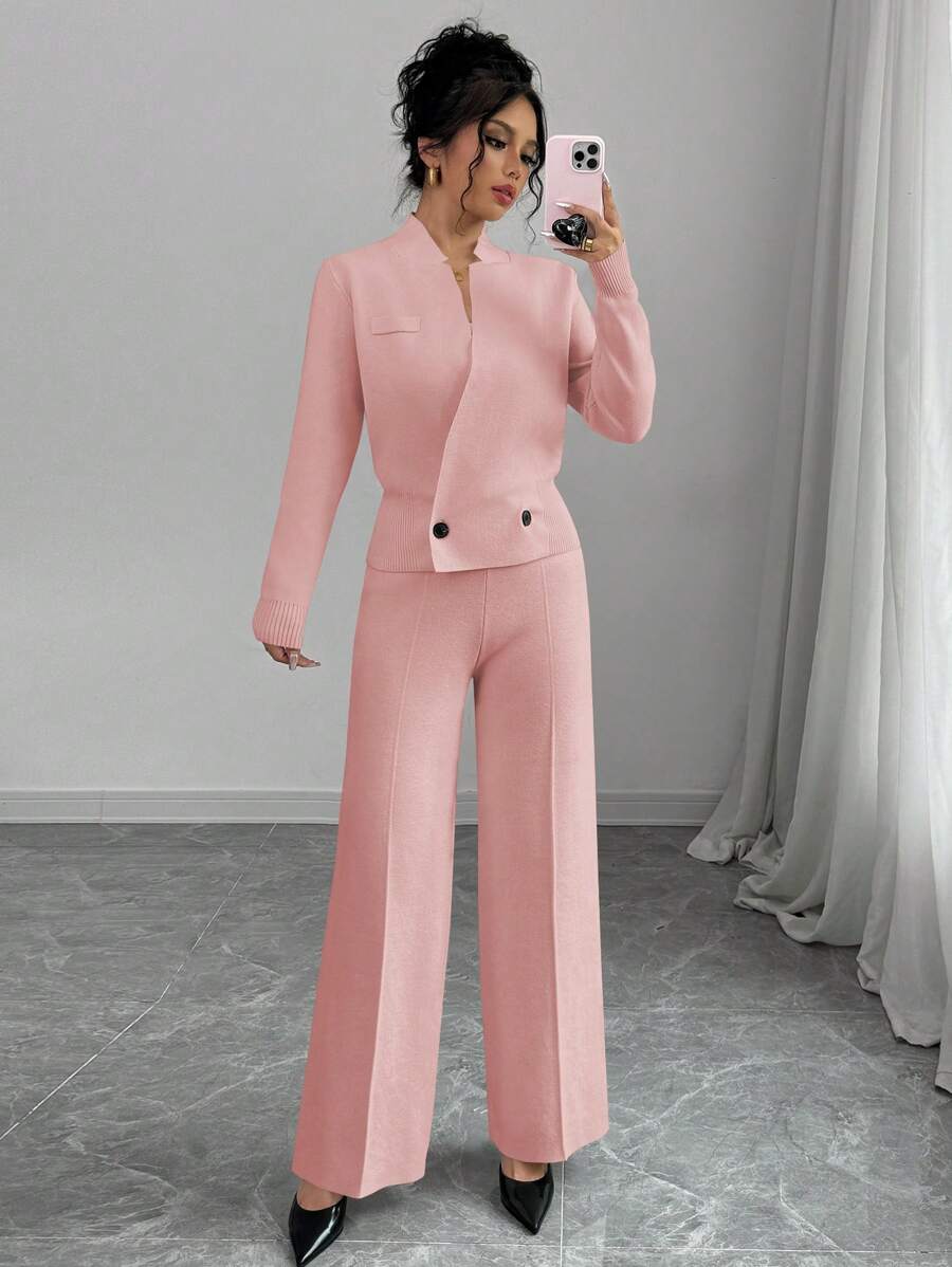 Chiquease Solid Color Loose Elegant Women Autumn Set, 2pcs Suits Long Sleeve Knit Sweater & Pants Set, Cardigan Coat Sweater Jacket Outfit
