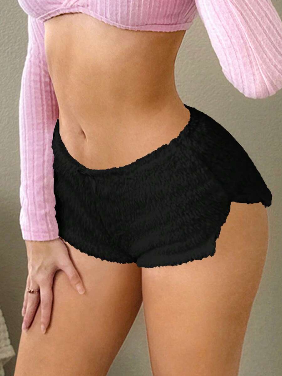 SHEIN Sweetina Women's Simple Slit Low Waist Fleece Solid Color Shorts, Casual For Daily Wear