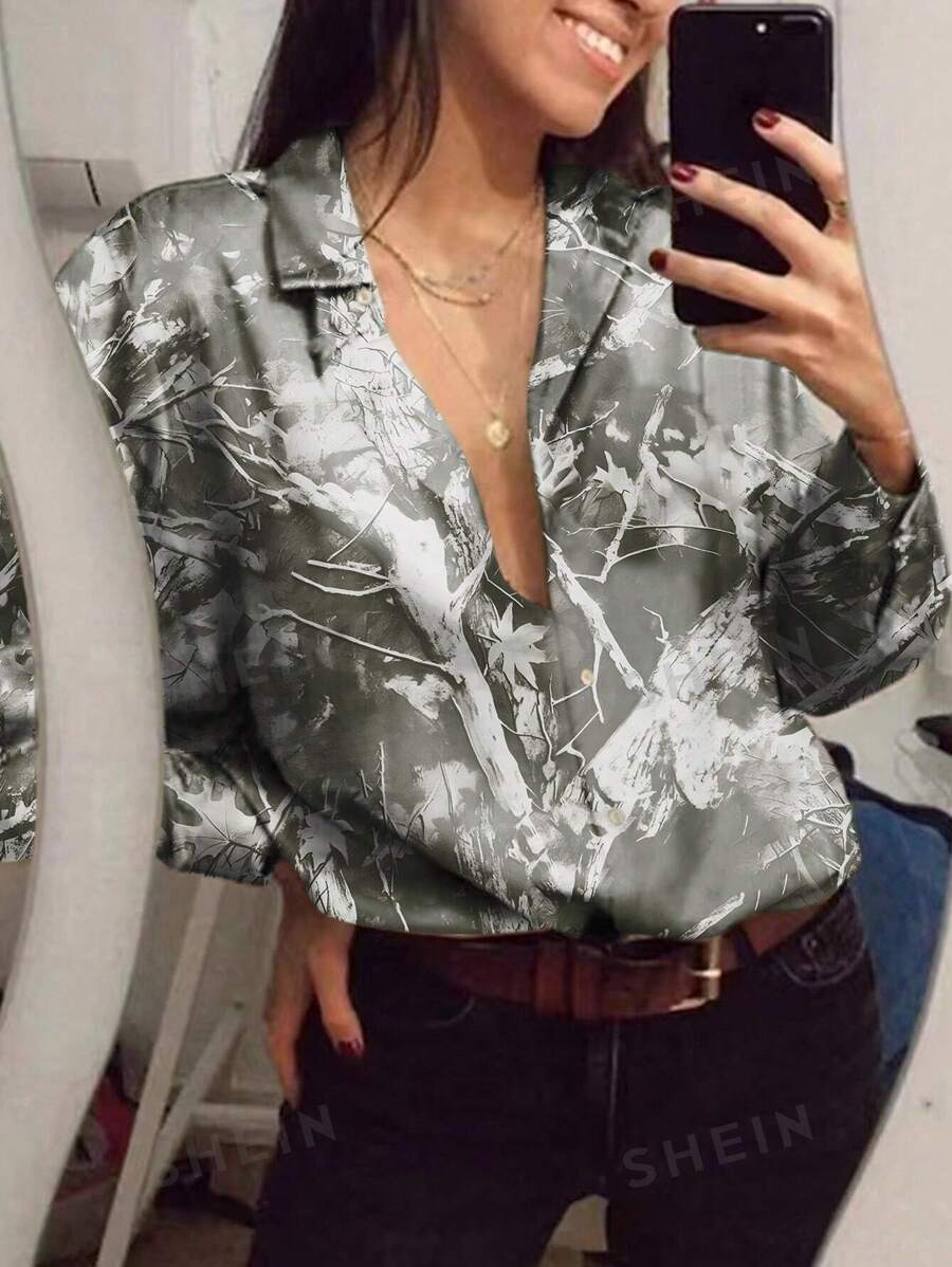 SHEIN Essnce Camisa casual de mujer de manga larga de solapa única con estampado de rama de otoño