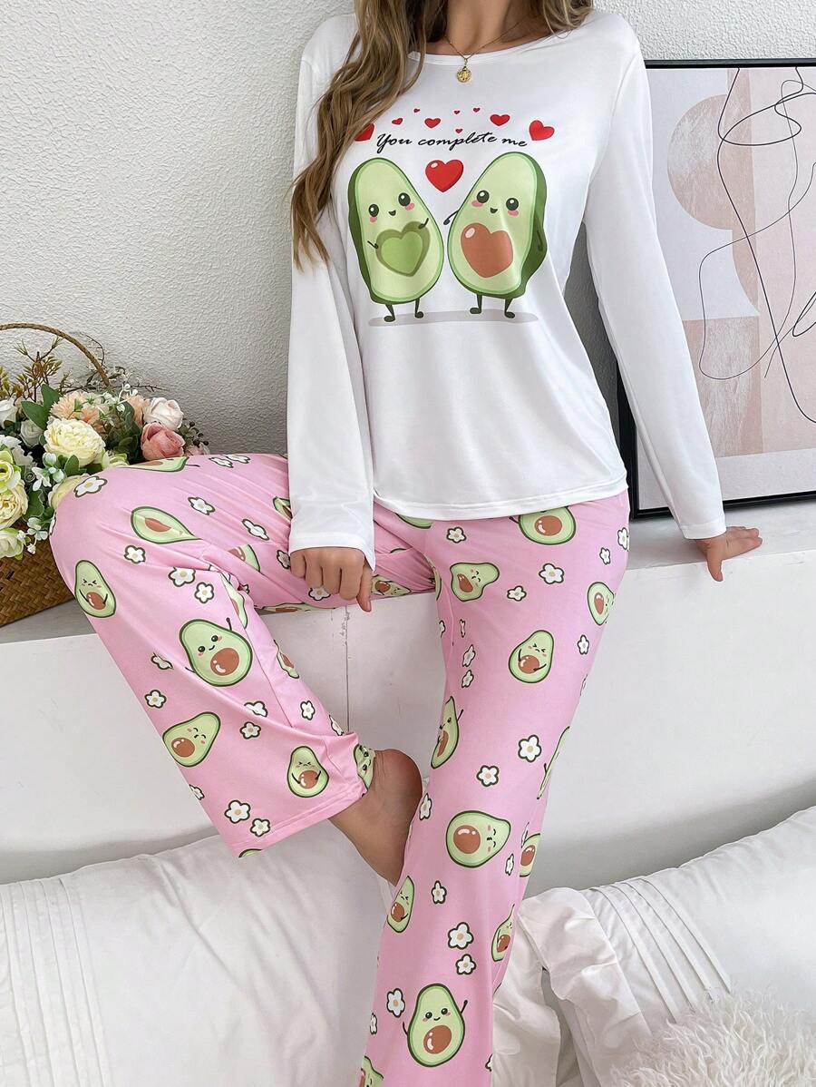 Women Avocado Pattern Print Long Sleeve Loungewear Set, Includes Blouse & Pants