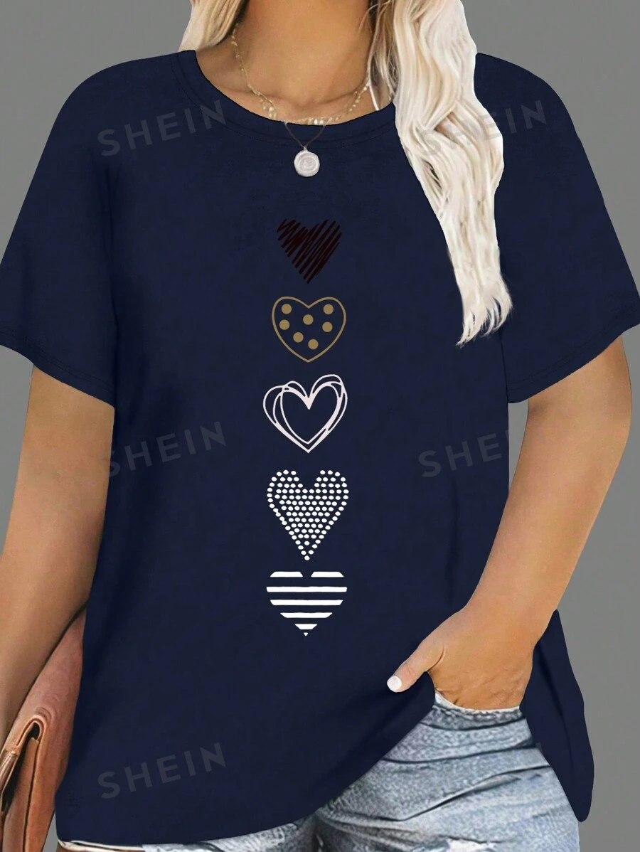 SHEIN LUNE Camiseta casual de cuello crew con estampado de corazón para mujer tallas grandes, para el verano