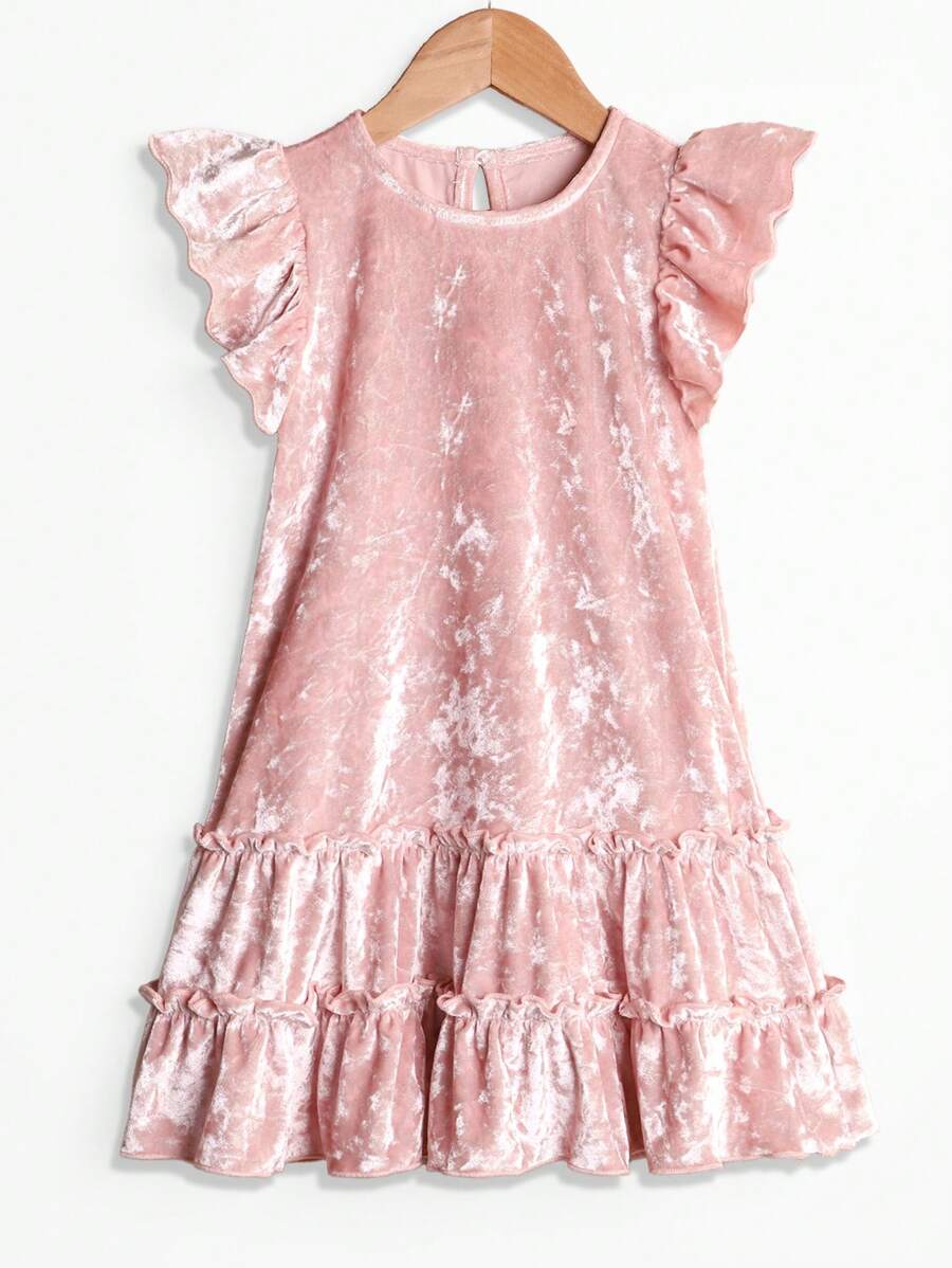 SHEIN Cute Sister Matching Dresses For Girls - Soft, Lovely Ruffled Collar & Hem, Sparkling Decorative Dragonfly Sleeves, Round Neck, Fashion Casual Party Dress For Young Girl In Summer
