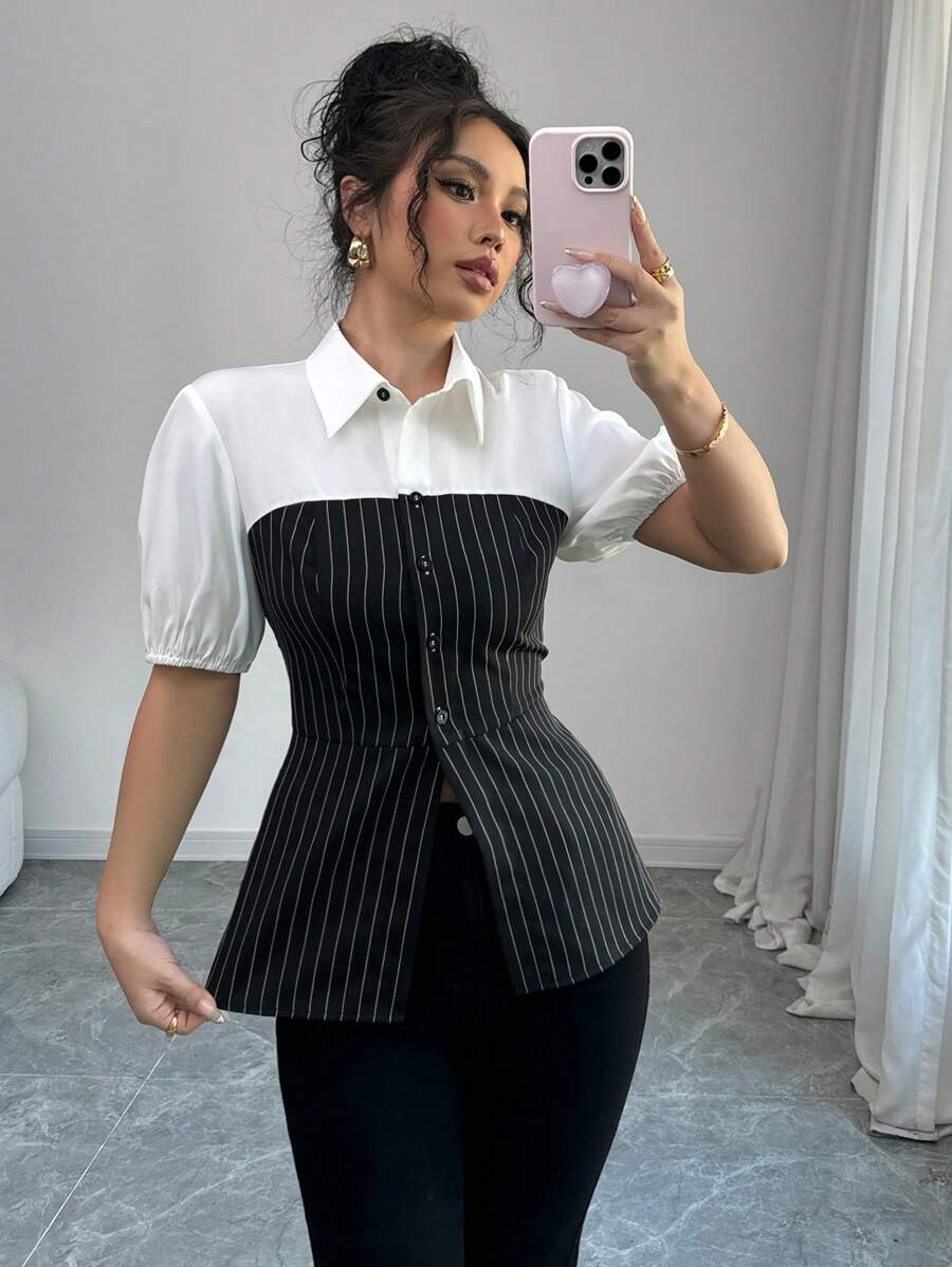 Elenzga Shirt Collar Single-Breasted 2 In 1 Striped Shirt
