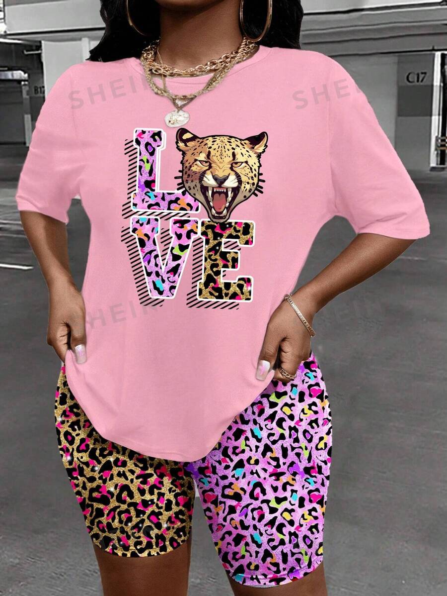 Maweii 2 piezas Conjunto de pantalones cortos de mujer de talla grande con estampado de leopardo con corazón con forma de garra "LOVE" y letra tigre