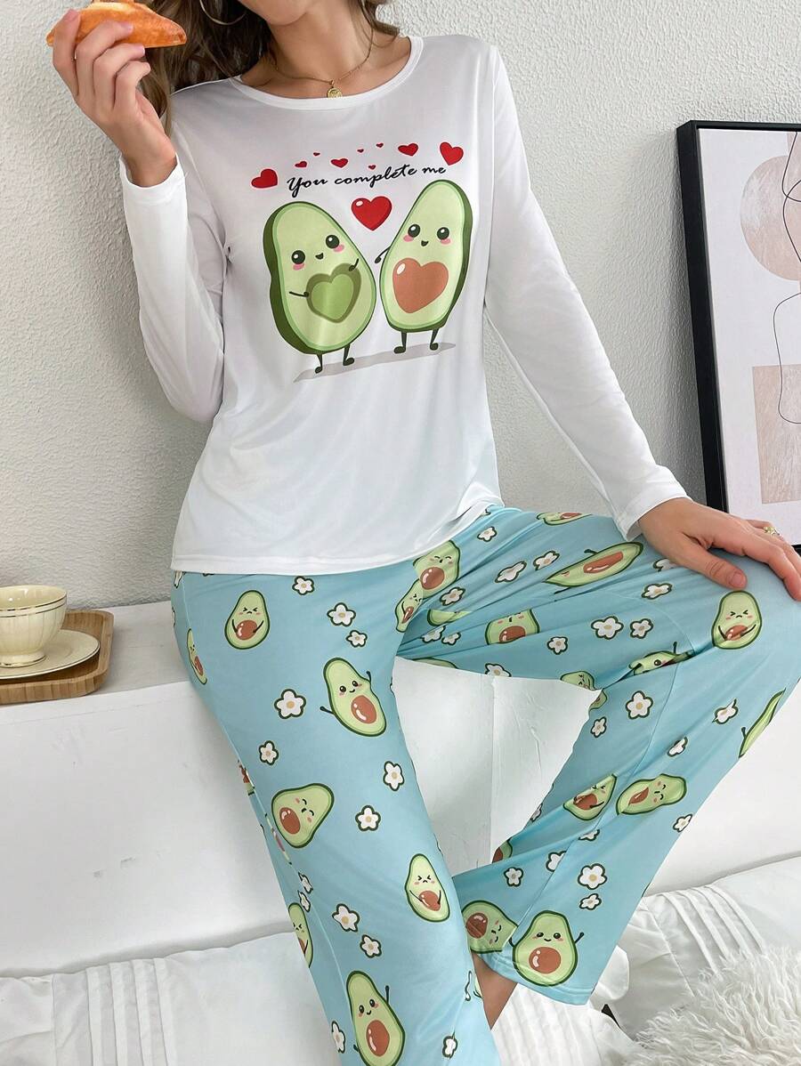 Ensemble de pyjama pour femmes avec haut à manches longues et pantalon long, imprimé avocat