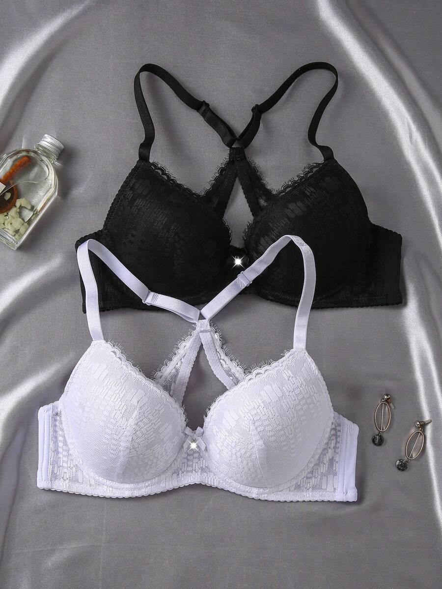 2 peças Conjunto de Lingerie Sutiã com Renda Sexy e Recorte, com Aro para Mulheres
