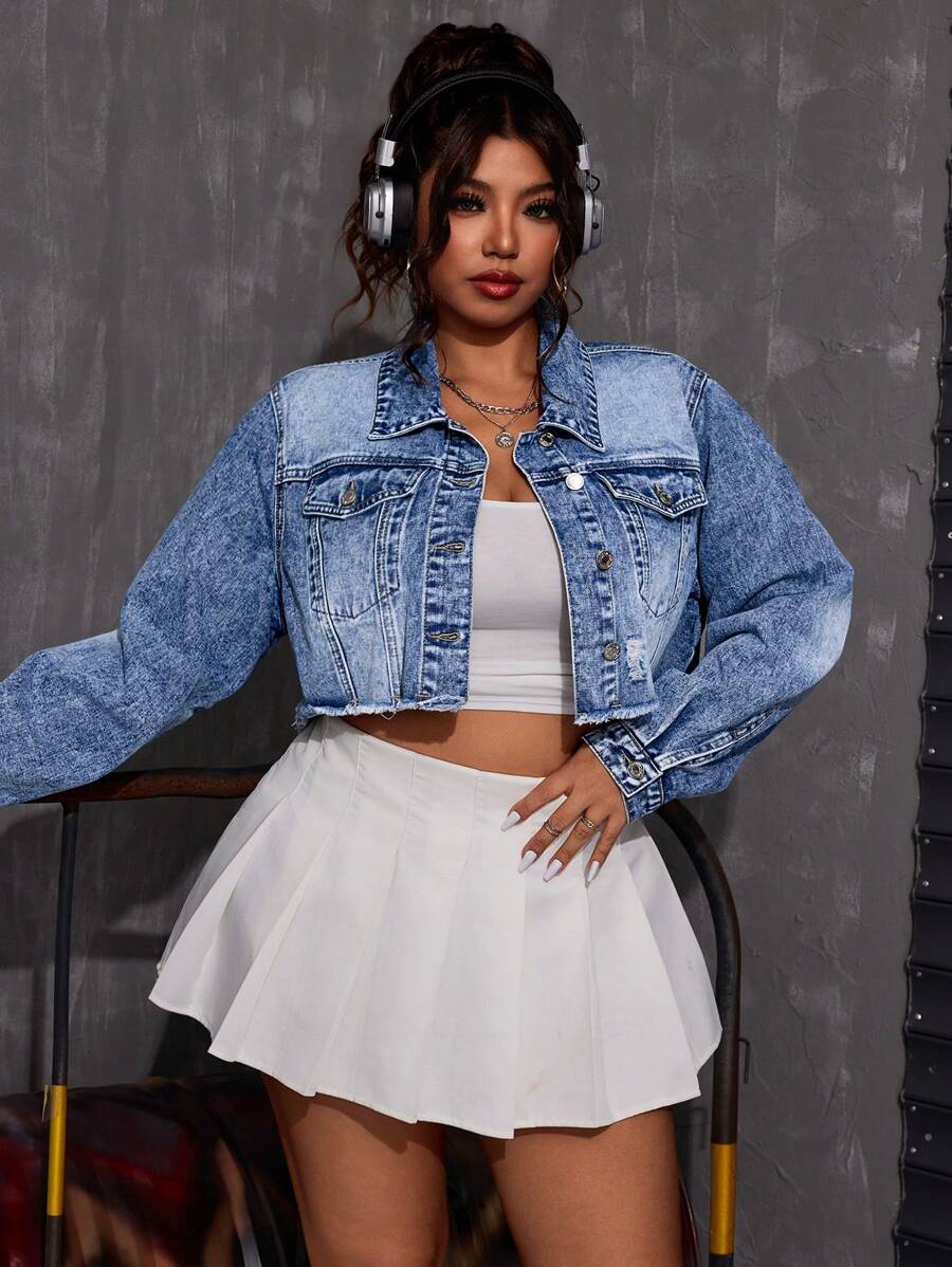 SHEIN ICON Plus Size Distressed Cut-Off Denim Jacket
