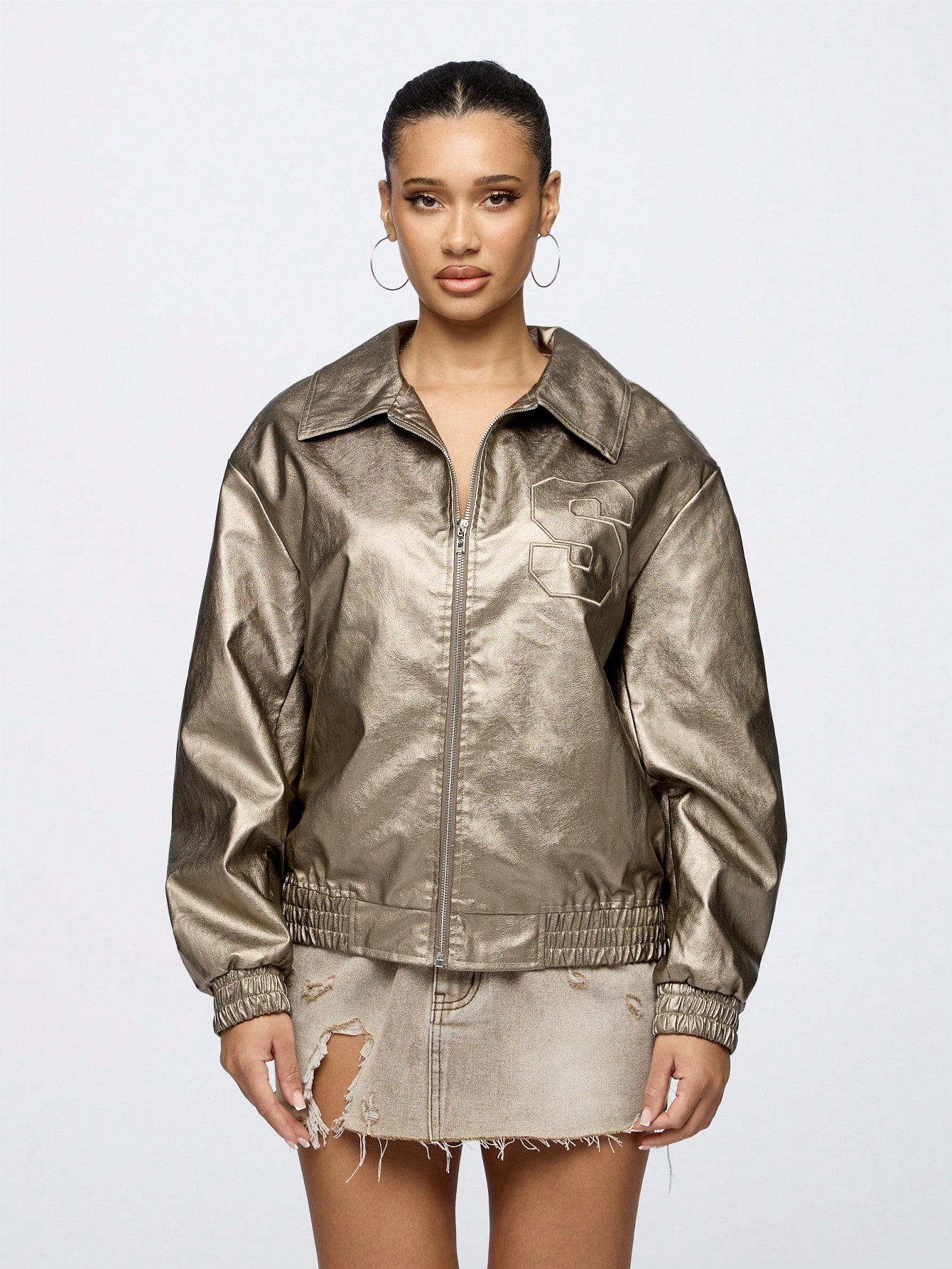 SUMWON WOMEN Luxury Metallic Bomber Jacket Premium