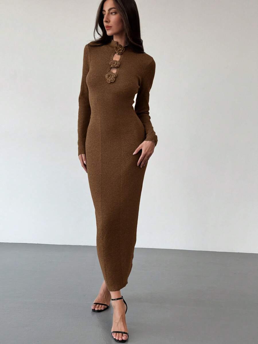 Aloruh Young Women's Minimalist High Neck Long Sleeve Fitted H-Hem Dress, Mixed Yarn Splicing Design, Casual Commuter Dress