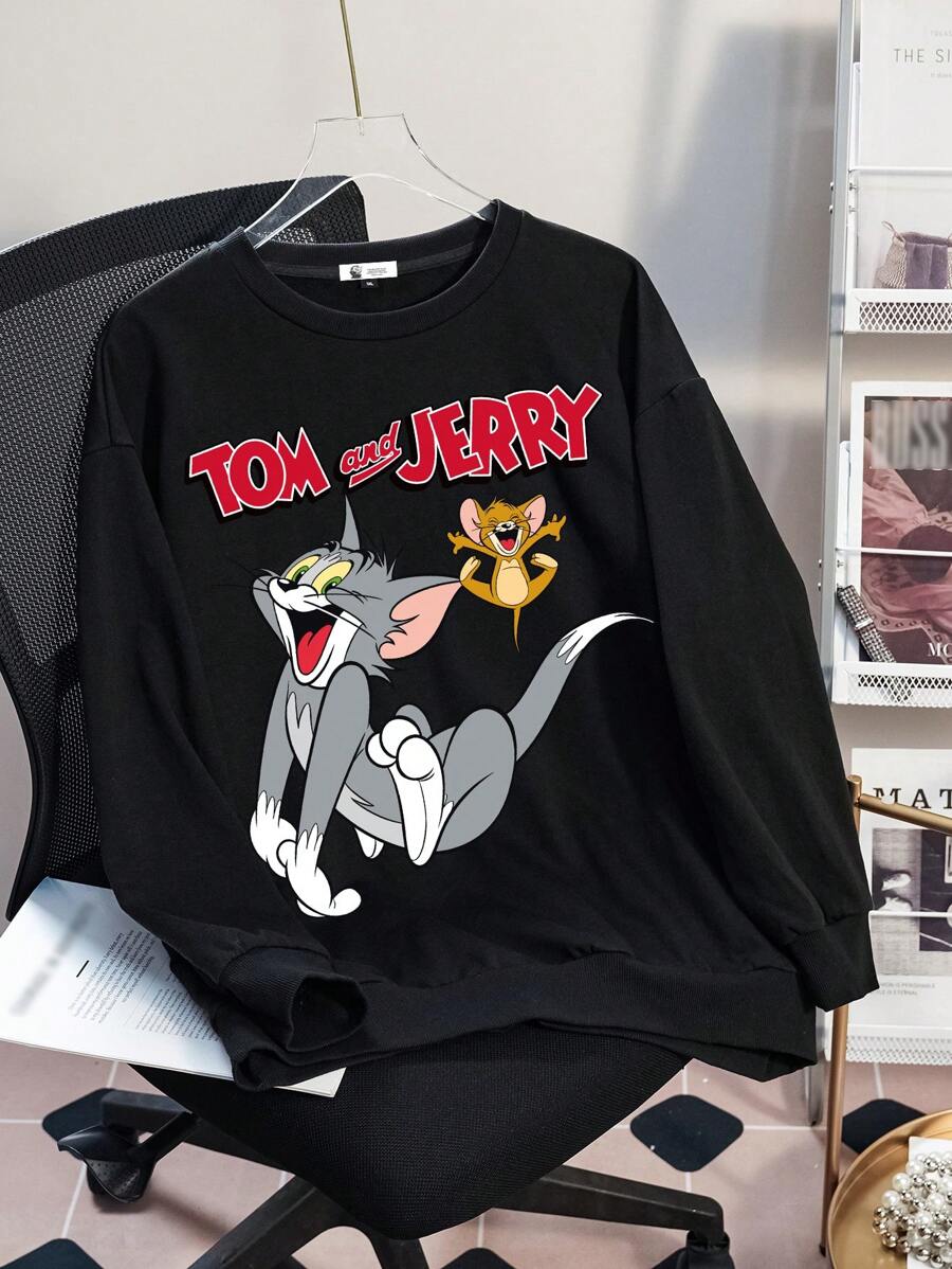 TOM & JERRY X SHEIN Plus Size Casual Cartoon Cat Print Crew Neck Sweatshirt, Autumn