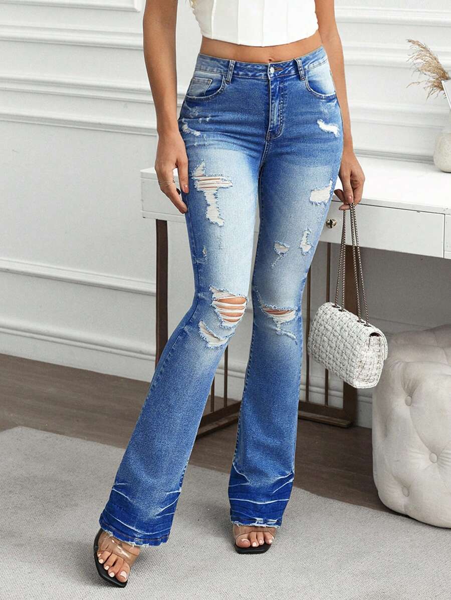 SHEIN LUNE Women Front Button Pocket Distressed Simple Casual Jeans, Daily Wear