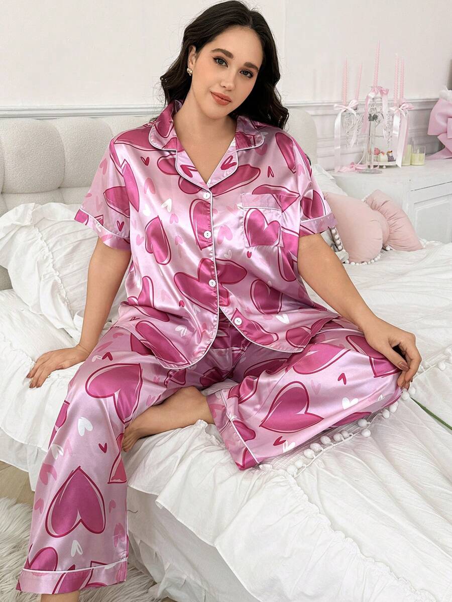 Conjunto de pijama de talla grande de manga corta y pantalón largo con estampado de corazón en tela de seda sintética