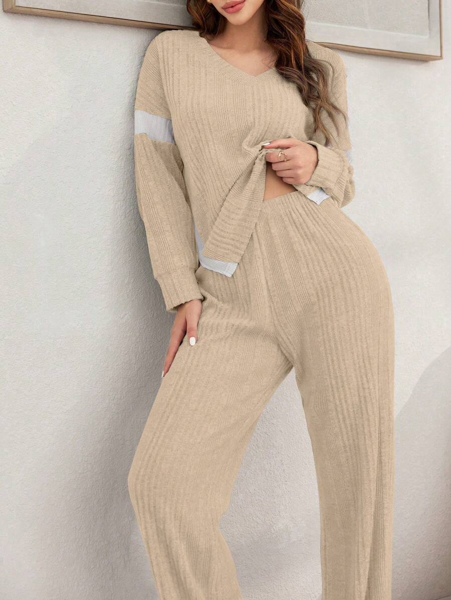 Lazeform Set de 2 piezas con top de manga larga de escote en V y pantalones, con contraste de colores y parches, estilo casual'