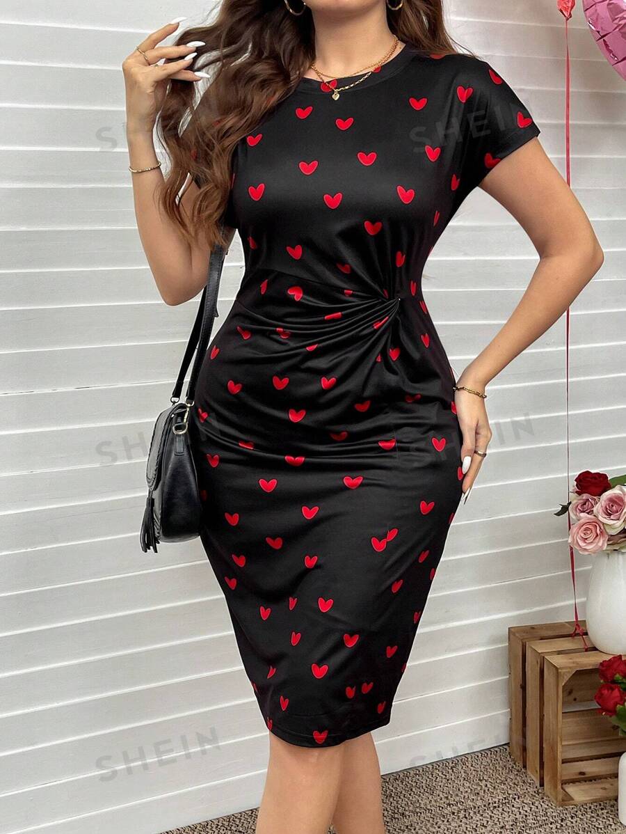 SHEIN LUNE Vestido de manga corta con nudo en la cintura en color negro con diseño de corazón para mujer de talla grande, ideal para el Día de San Valentín, el amor, la primavera y el verano, regalo y atuendo de San Valentín