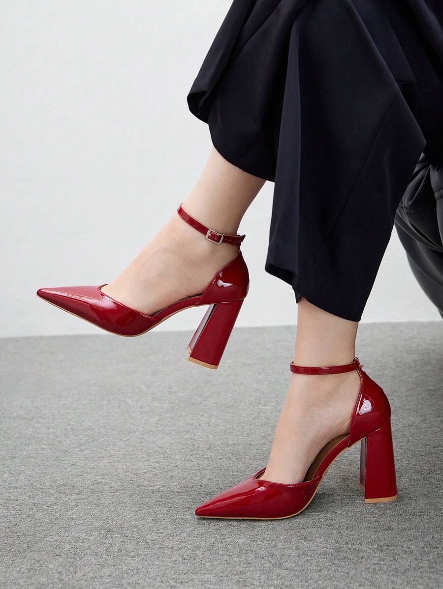 CUCCOO BIZCHIC Damskie czerwone buty z PU V-Cut ze szpiczastym noskiem, wsuwane, na co dzień, na wysokim obcasie, uniwersalne na dojazdy do pracy, randki, imprezy