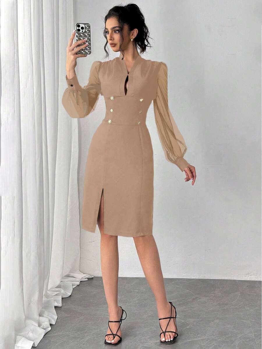 Elenzga Vestido elegante para commuter con mangas abullonadas de malla