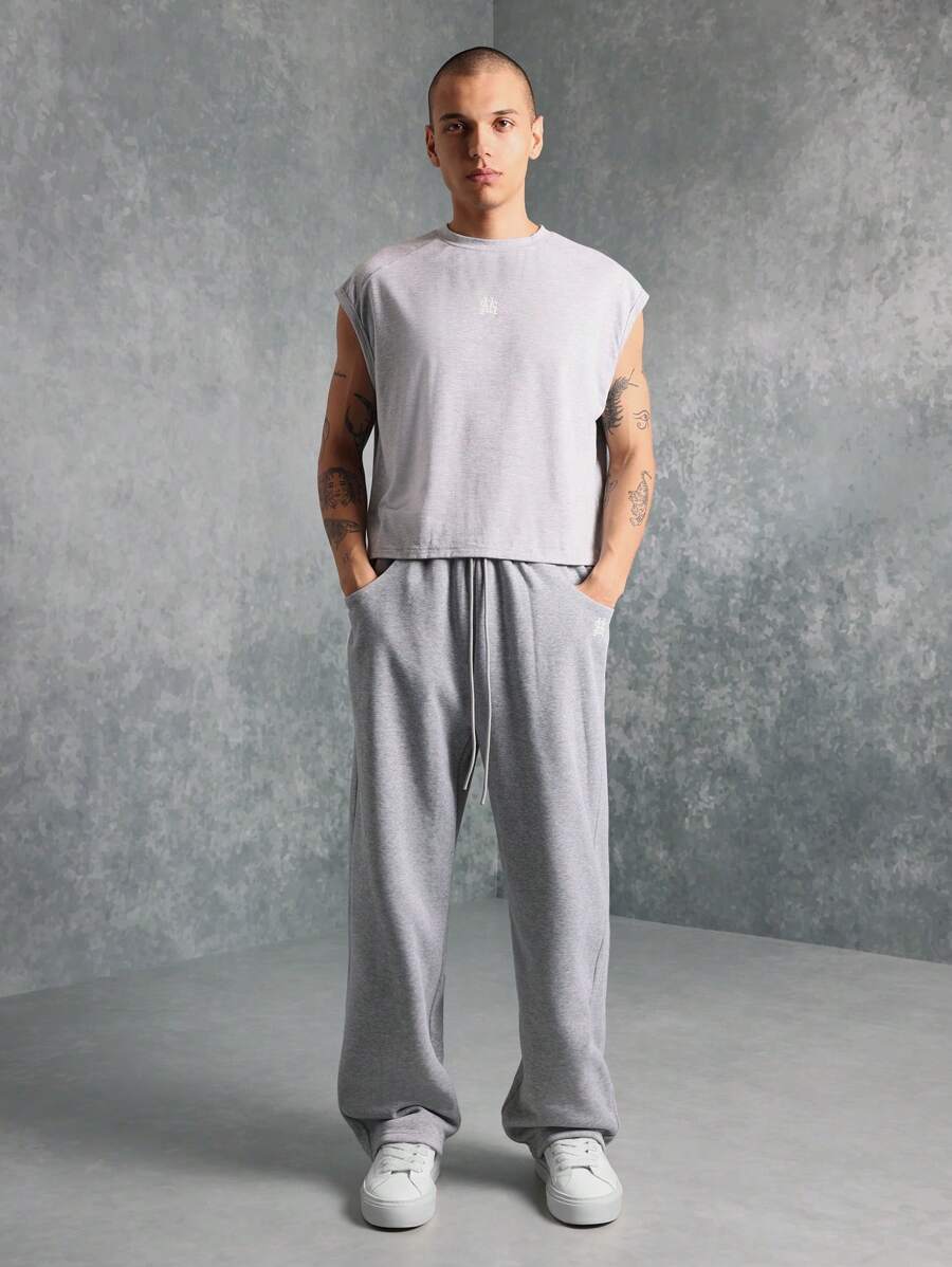 SUMWON Set sport fără mâneci supradimensionat, pantaloni de trening cu nervuri la gleznă, lenjerie de casă, sport, sport, sport, set de două piese