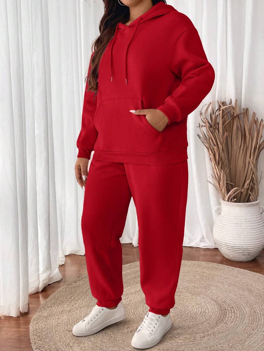SHEIN VCAY Plus Size Women Solid Color Drop Shoulder Long Sleeve Drawstring Hoodie & Sweatpants Casual Suit