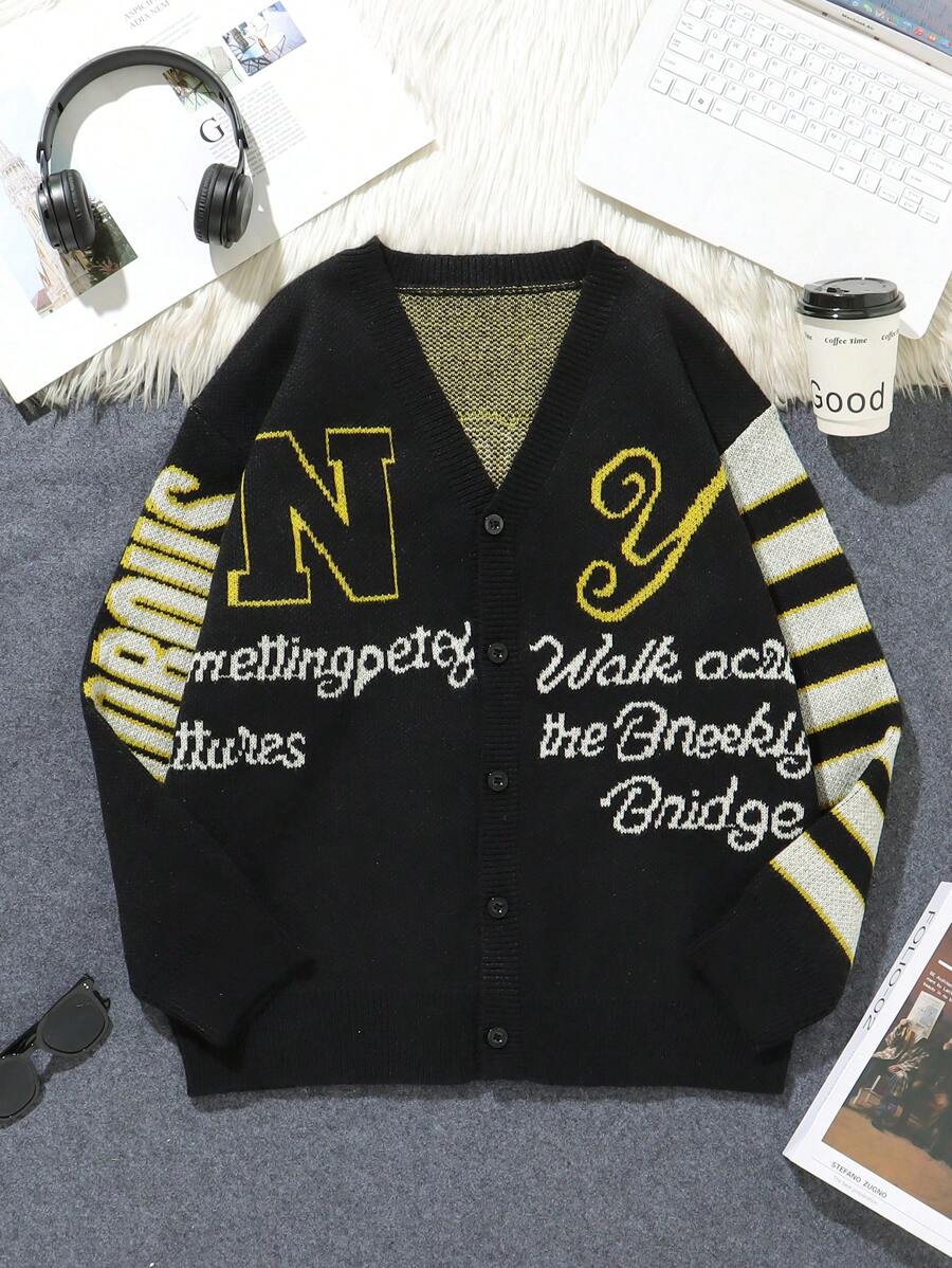 Manfinity EMRG Cardigan casual da uomo con stampa a righe e slogan, colore a blocchi, per autunno/inverno