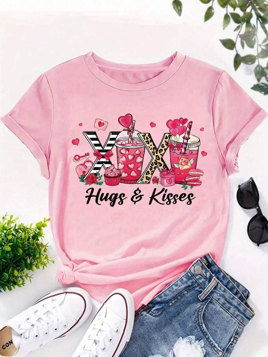 Chiquease Camiseta De Manga Corta Y Ajuste Slim Con Estampado De Letras Y Leopardo Para El Día De San Valentín Para Mujer