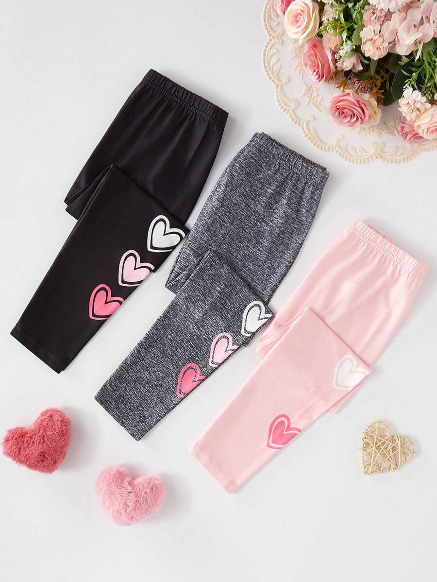 SHEIN 3-Piece Set Girls Young Girl Minimalist Cute Versatile Solid Heart Print Base Layer Leggings