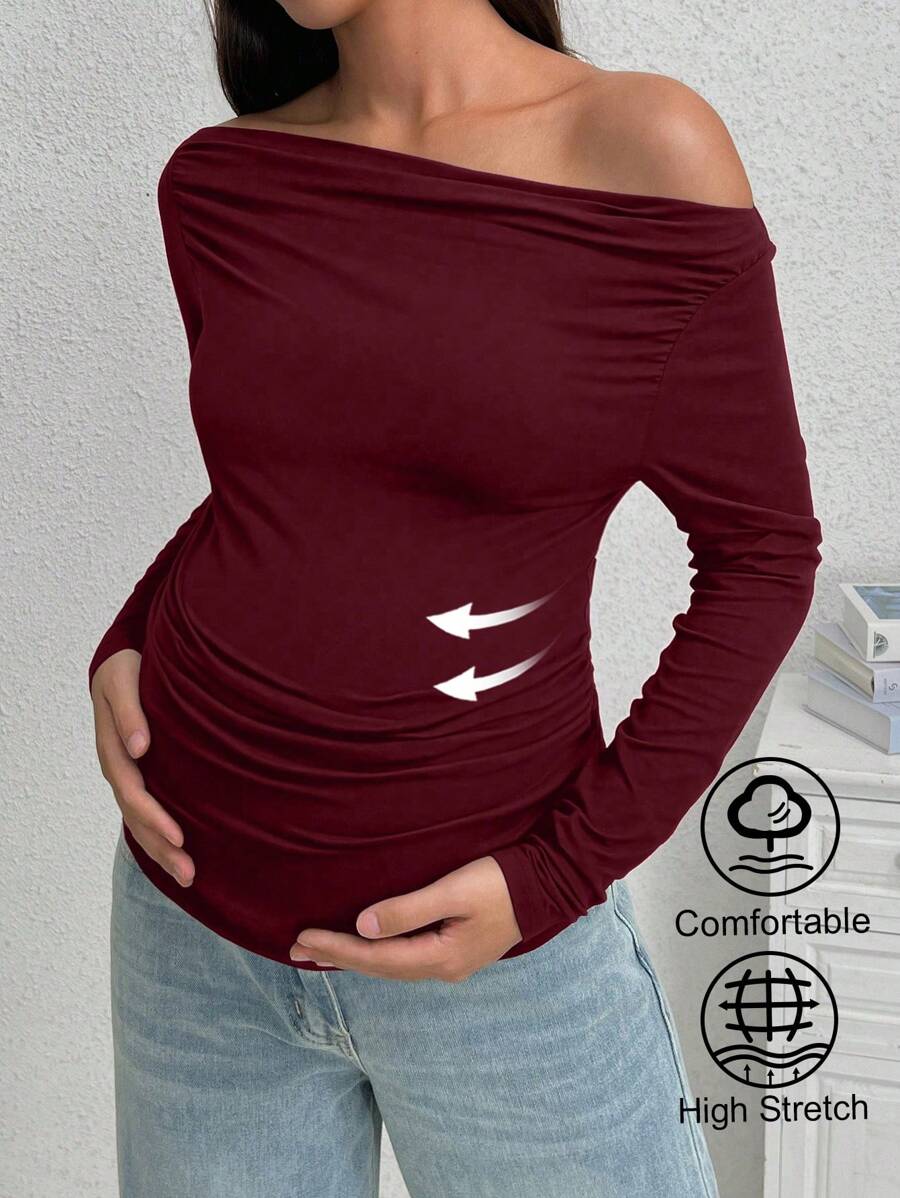 SHEIN 1st zwangerschaps effen kleur asymmetrische hals lange mouwen gerimpeld getailleerd T-shirt, herfst