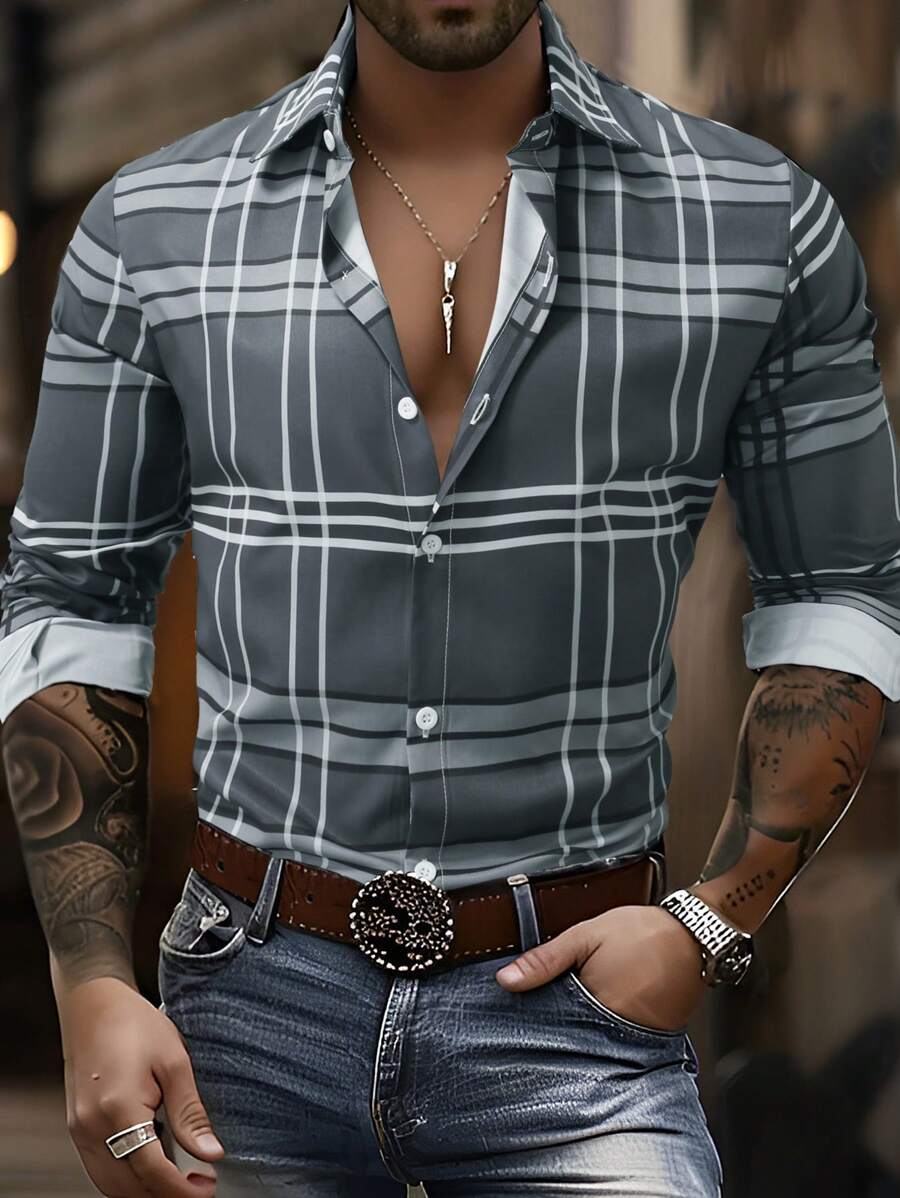 Manfinity Homme Camisa casual de manga larga para hombre, de moda sencilla, para uso diario