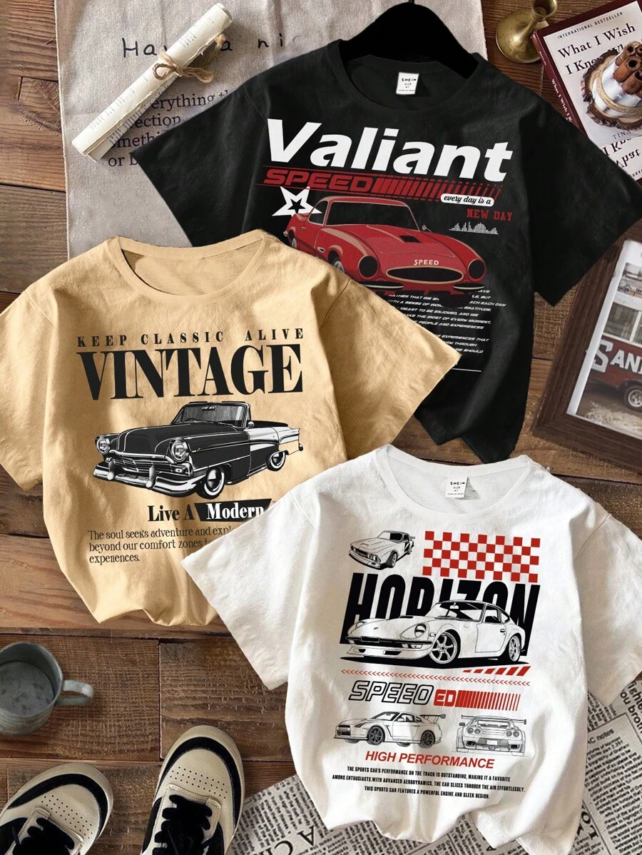 SHEIN 3pcs/Set CARS, Young Boy Casual Retro Car & Letter Print Round Neck Short Sleeve T-Shirt, Suitable For Summer