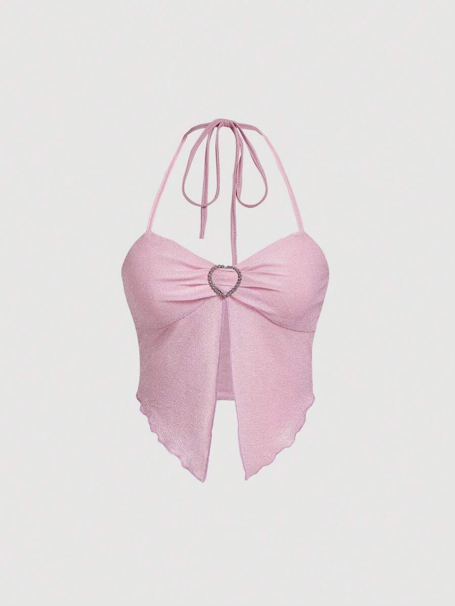SHEIN MOD Dames Halter Top Met Hartvormige Sluiting, Gerimpelde, Asymmetrische Zoom