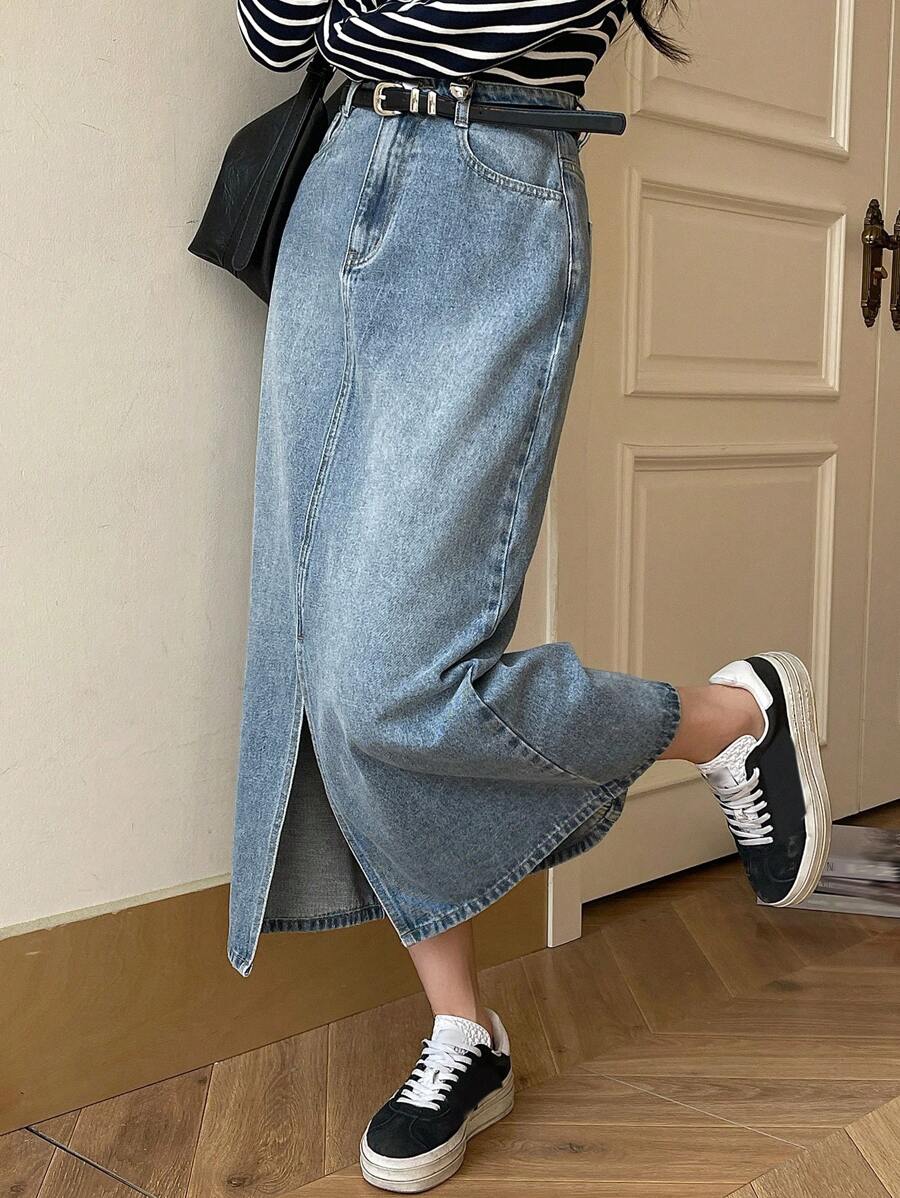 DAZY 1pc Women's Simple Denim Casual Skirt With Side Pockets, Daily Wear