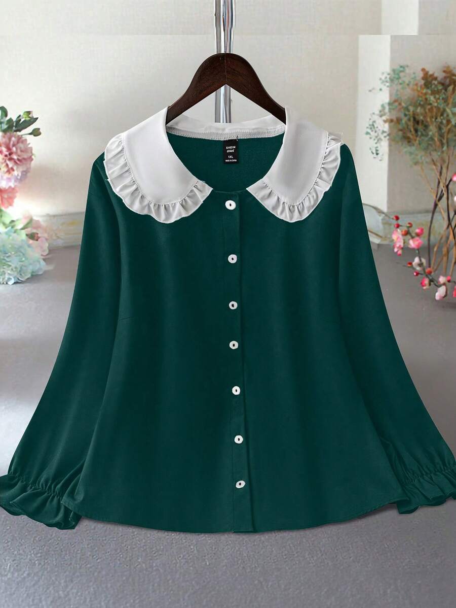 Calvaya Plus Size Color Block Peter Pan Collar Casual Shirt, Autumn