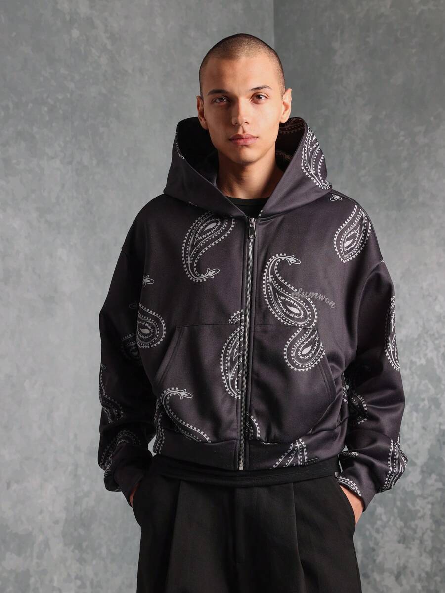 SUMWON Modern Paisley Print Full-Zip Hoodie Streetwear Urban Style Relaxed Fit Winter Fall Collection Everyday Essential Loungewear Casual Outerwear