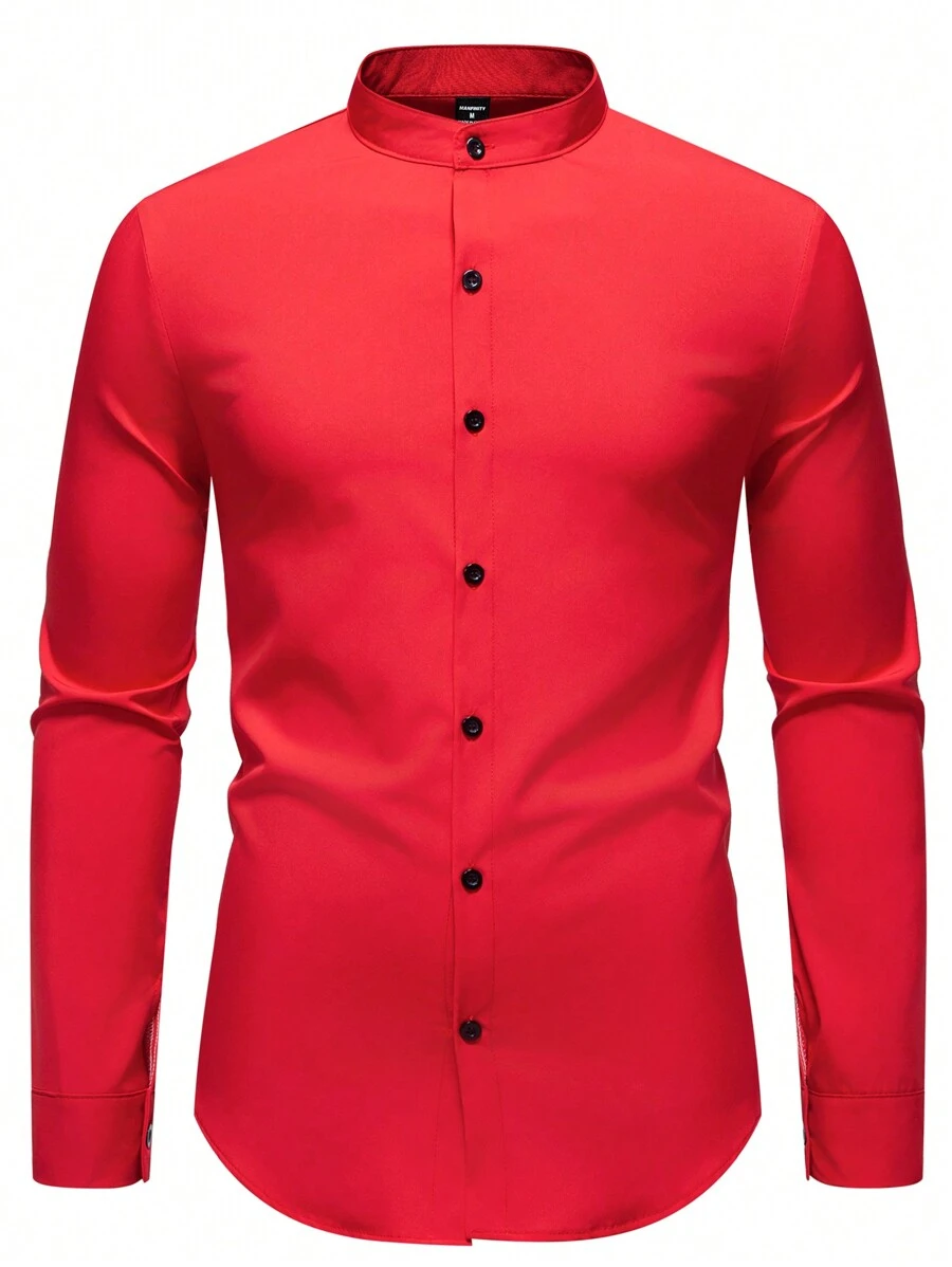 Manfinity Mode Men's Casual Solid Color Stand Collar Shirt, Autumn