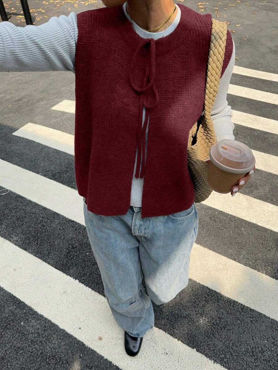 SHEIN Essnce Conjunto de otoño gris para mujer - Chaleco de lana con cordones que se puede usar de dos formas: por delante y por detrás. Chaleco de lana con abertura delantera y lazo tejido