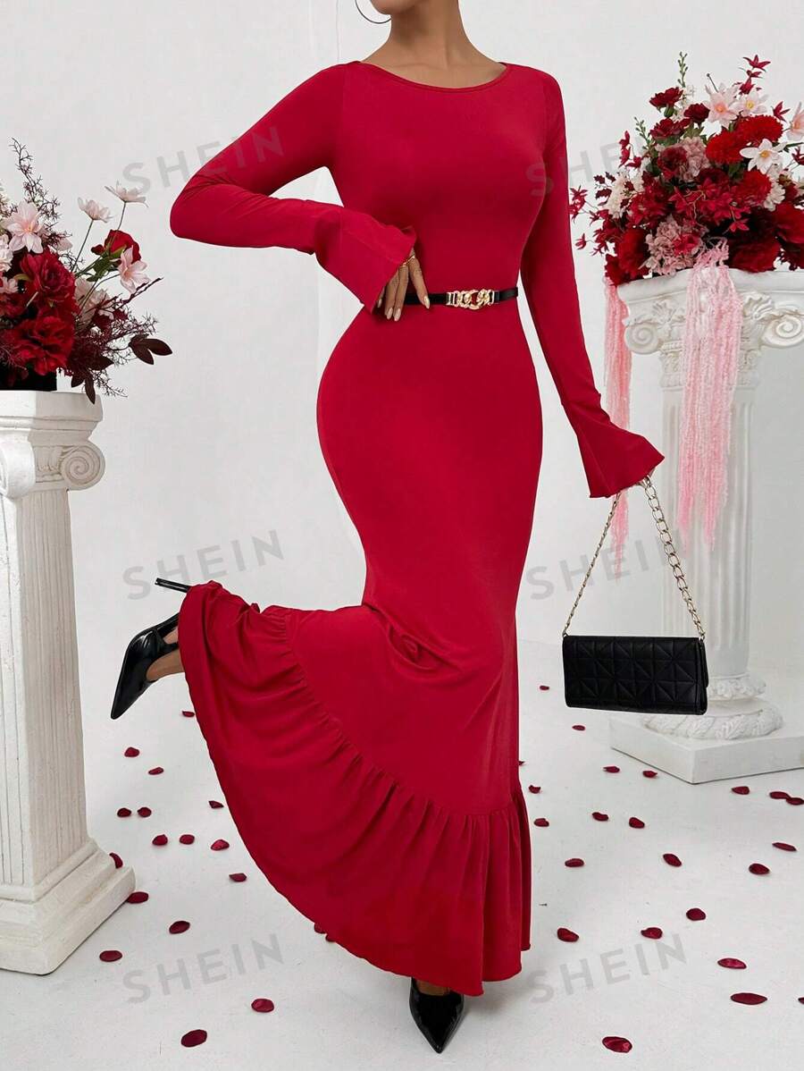 Calvaya Vestido con manga larga, hombros descubiertos, con entrelazado y volantes en color rojo para mujeres