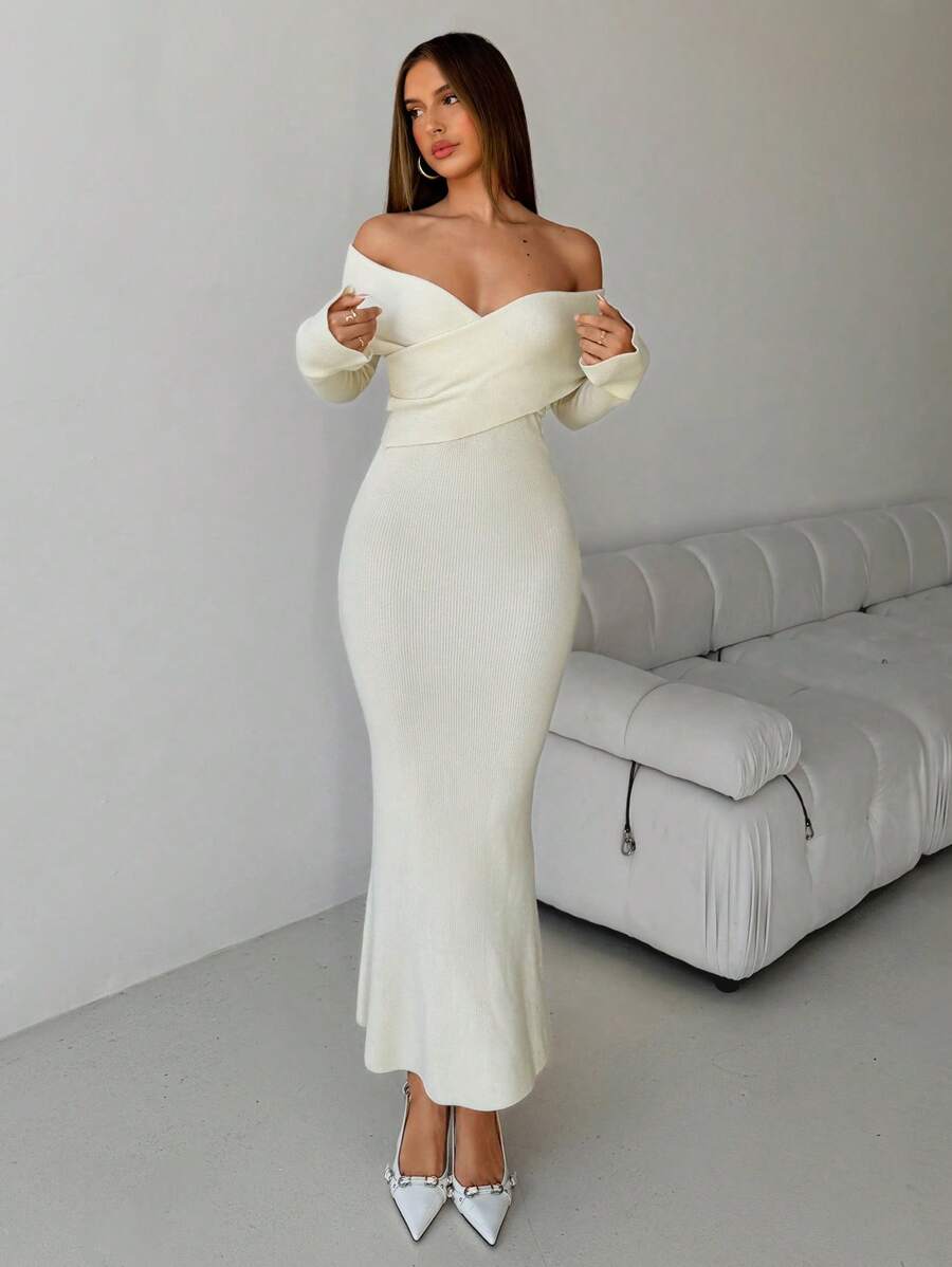 Aloruh Elegante off-shoulder crossover wrap bodycon zeemeermin lange mouwen gebreide trui jurk voor dames, abrikoos, warm voor dagelijkse dates, herfst/winter