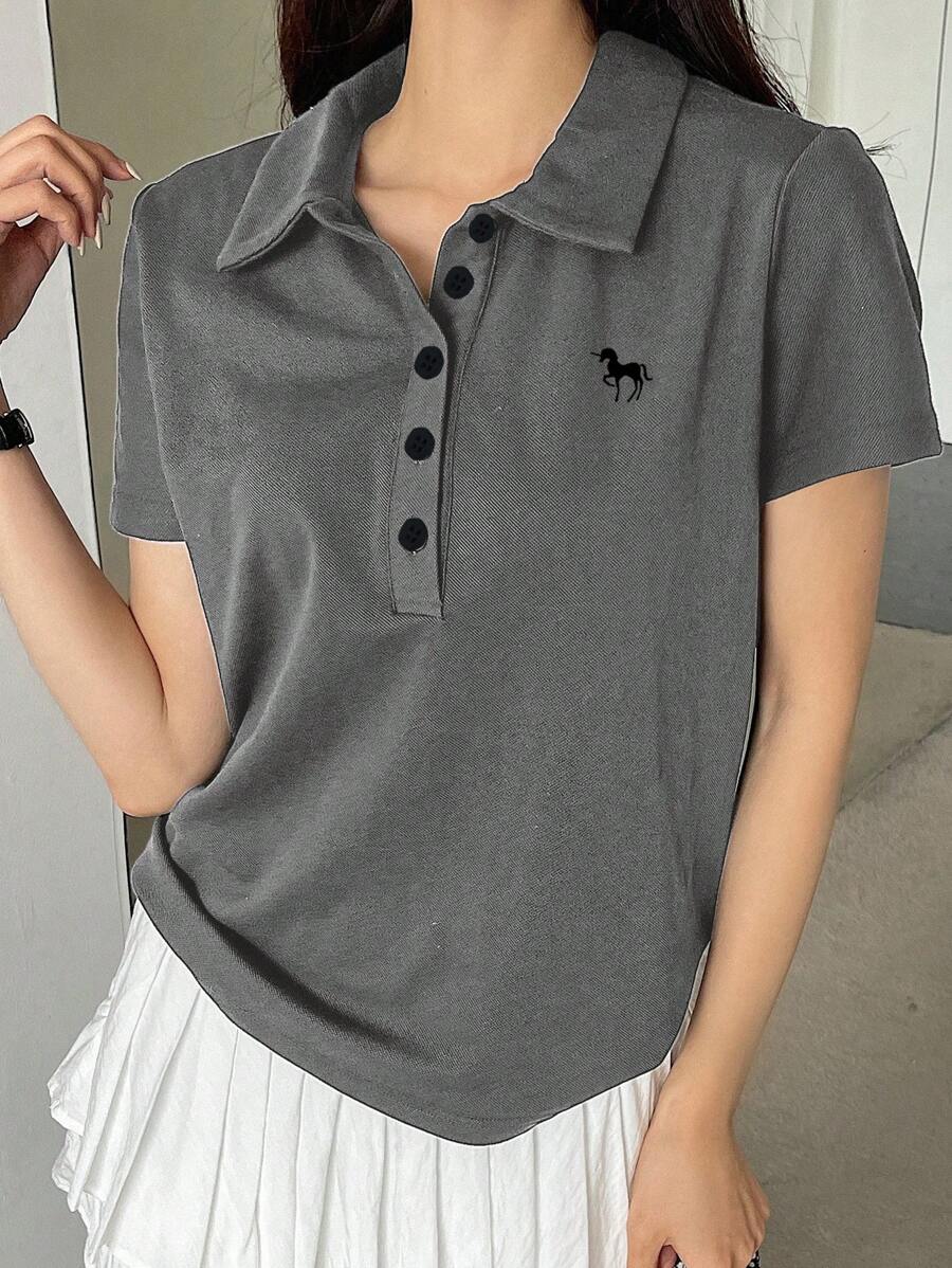 DAZY Women Mustang Print Loose Fit Casual Polo Neck T-Shirt, Short Sleeve