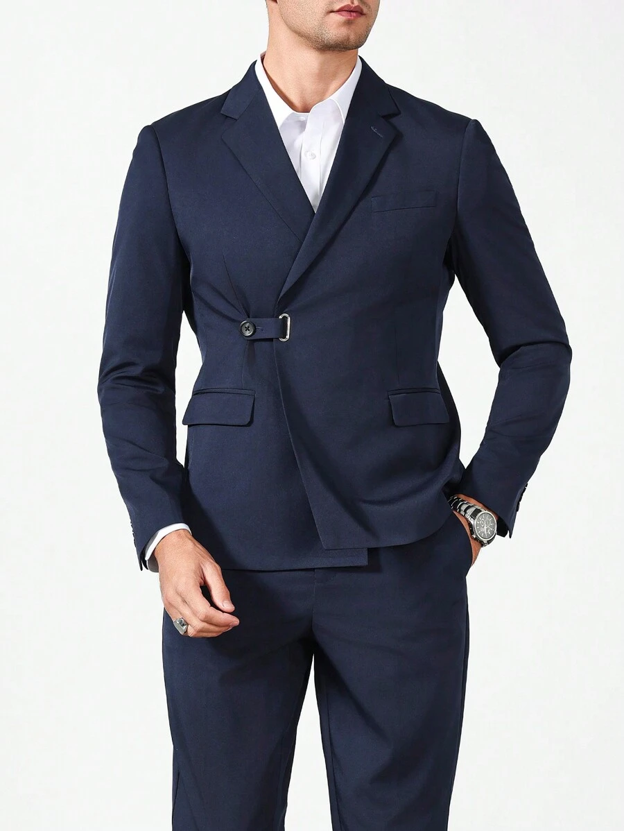 Manfinity Mode Chaqueta de traje de unicolor con solapa entallada y manga larga, y pantalones - conjunto casual para hombre