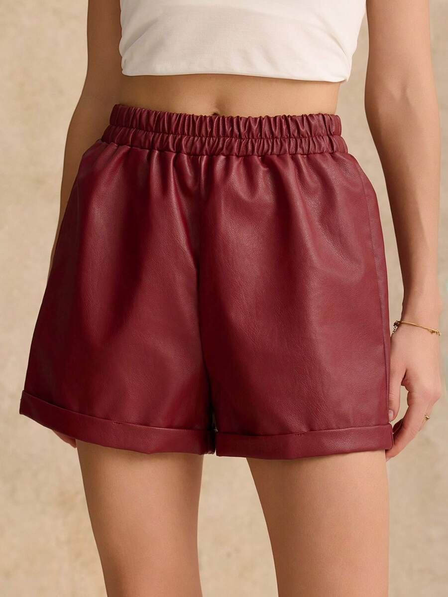 SHEIN Frenchy Women Solid Color Elastic Waist PU Leather Loose Casual Shorts