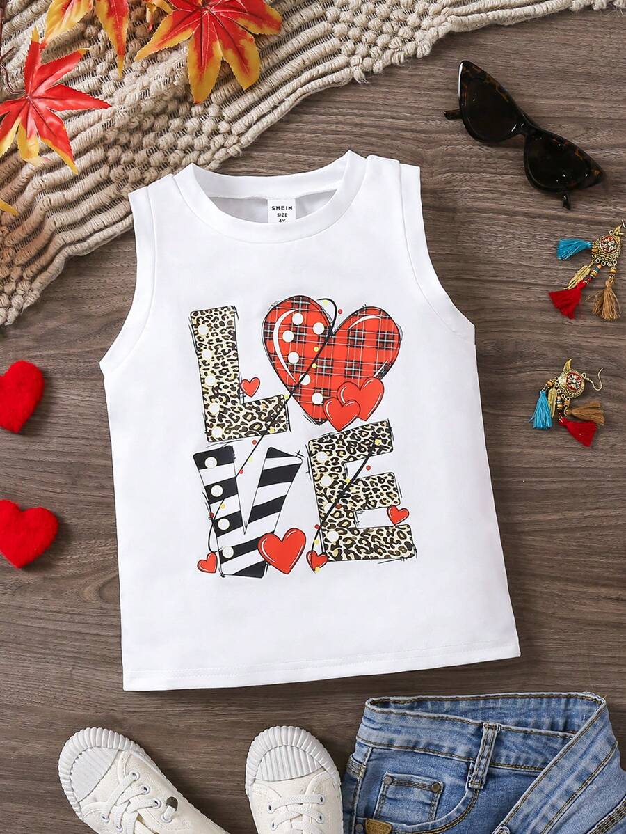Young Girl Fashion Sleeveless Love & Heart Print Casual Tank Top, Summer