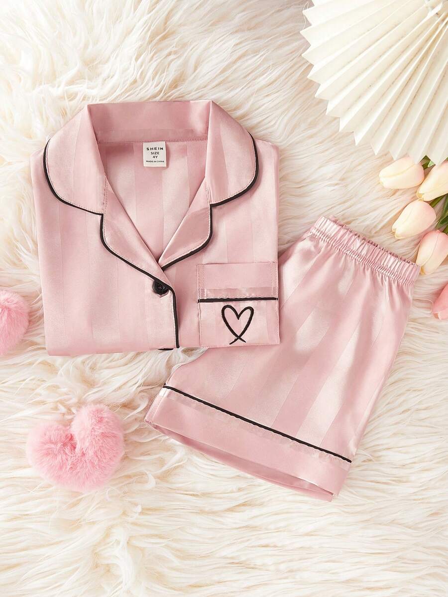 Conjunto informal de 2 piezas de blusa de manga corta con rayas de sandía y rosa, y shorts para niña, sencillo y fashionable