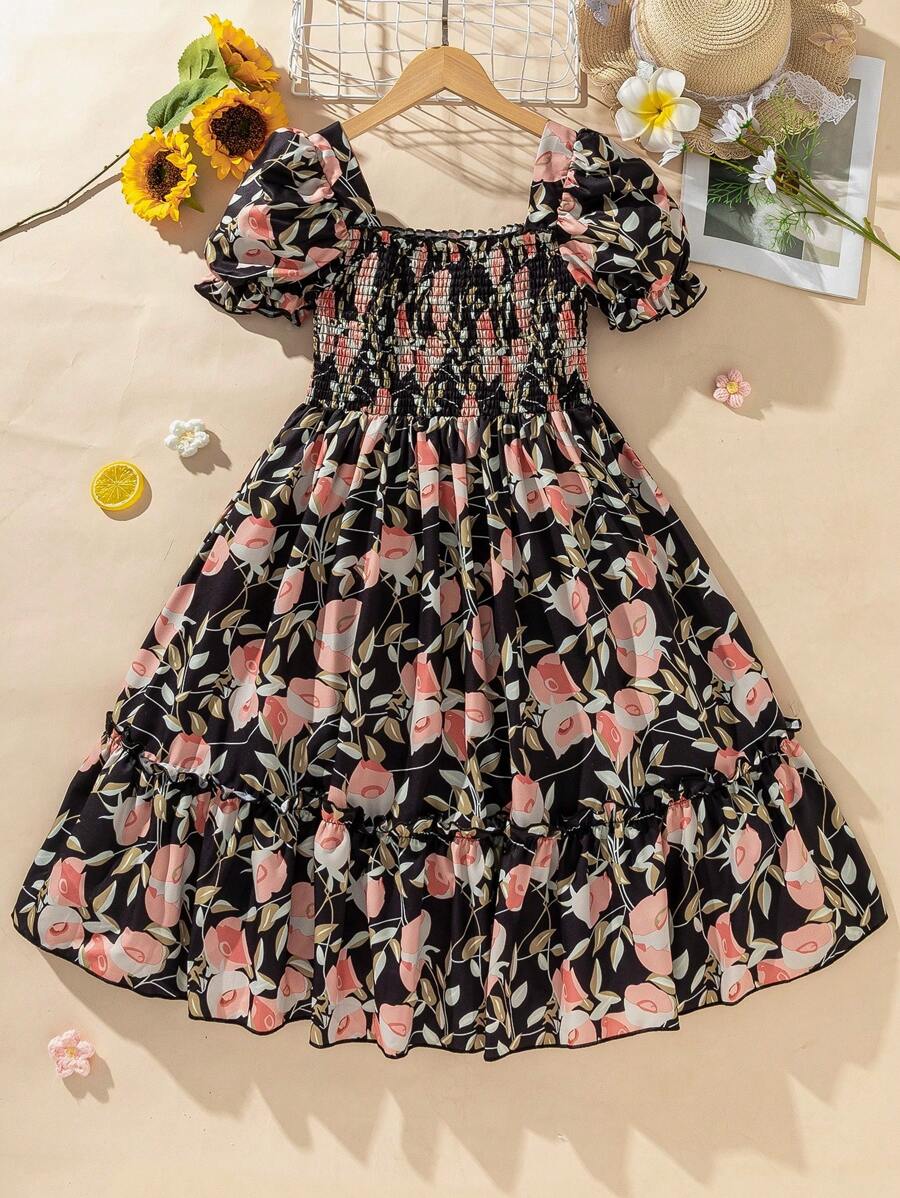 Girls Floral Print Ruffle Trim Square Neck Bubble Sleeve Dress, Suitable For Summer