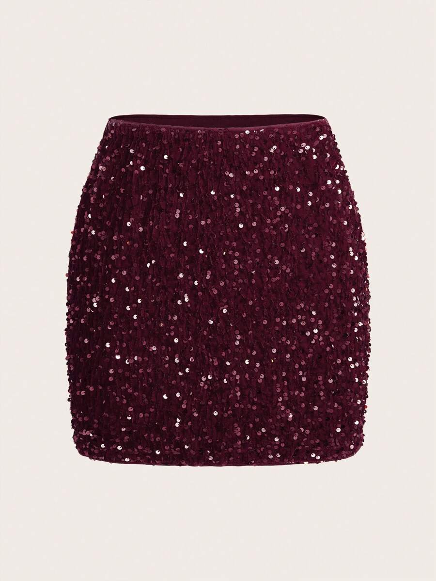 SHEIN Clasi Fashionable Shiny Sequin Solid Color Bodycon Mini Skirt