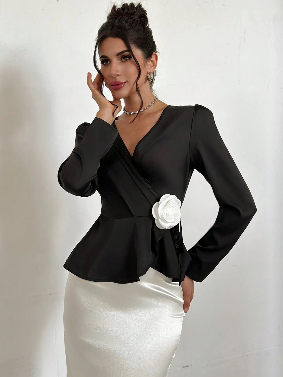 Firerie 2pcs Women Set: Satin 3D Floral Decor Long Sleeve Blouse And Mini Skirt,Elegant Party Date Meeting Sexy ,Two Piece Set Of High-End Satin Shirt And Skirt, Dance Party, Cocktail Lounge, Prom,Annual Meeting, Date,Suitable For Commuting Parties, Romantic Vacations, Fashionable And Exquisite Advanced Two-Piece Set, Black Long Sleeve Satin Waist Down Shirt Paired With Elegant Fish Tail Skirt