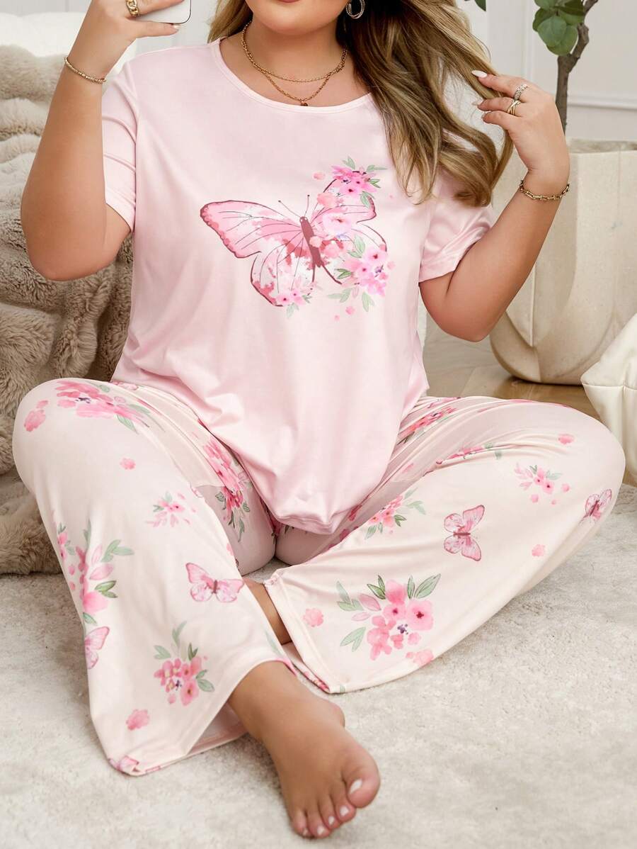 Conjunto de pijama de manga corta con estampado de mariposas y flores para talla grande