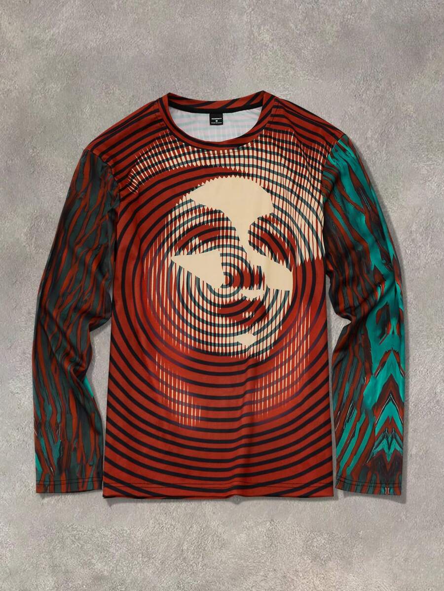 Manfinity EMRG Manfinity EMRG Men's Figure Print Striped Crew Neck Long Sleeve Casual T-Shirt,Graphic Men T-Shirt,Oversized T-Shirt,Boyfriend Gifts